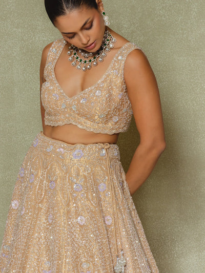 Gold Tissue Sequins Embroidered Lehenga Set - Vedant G