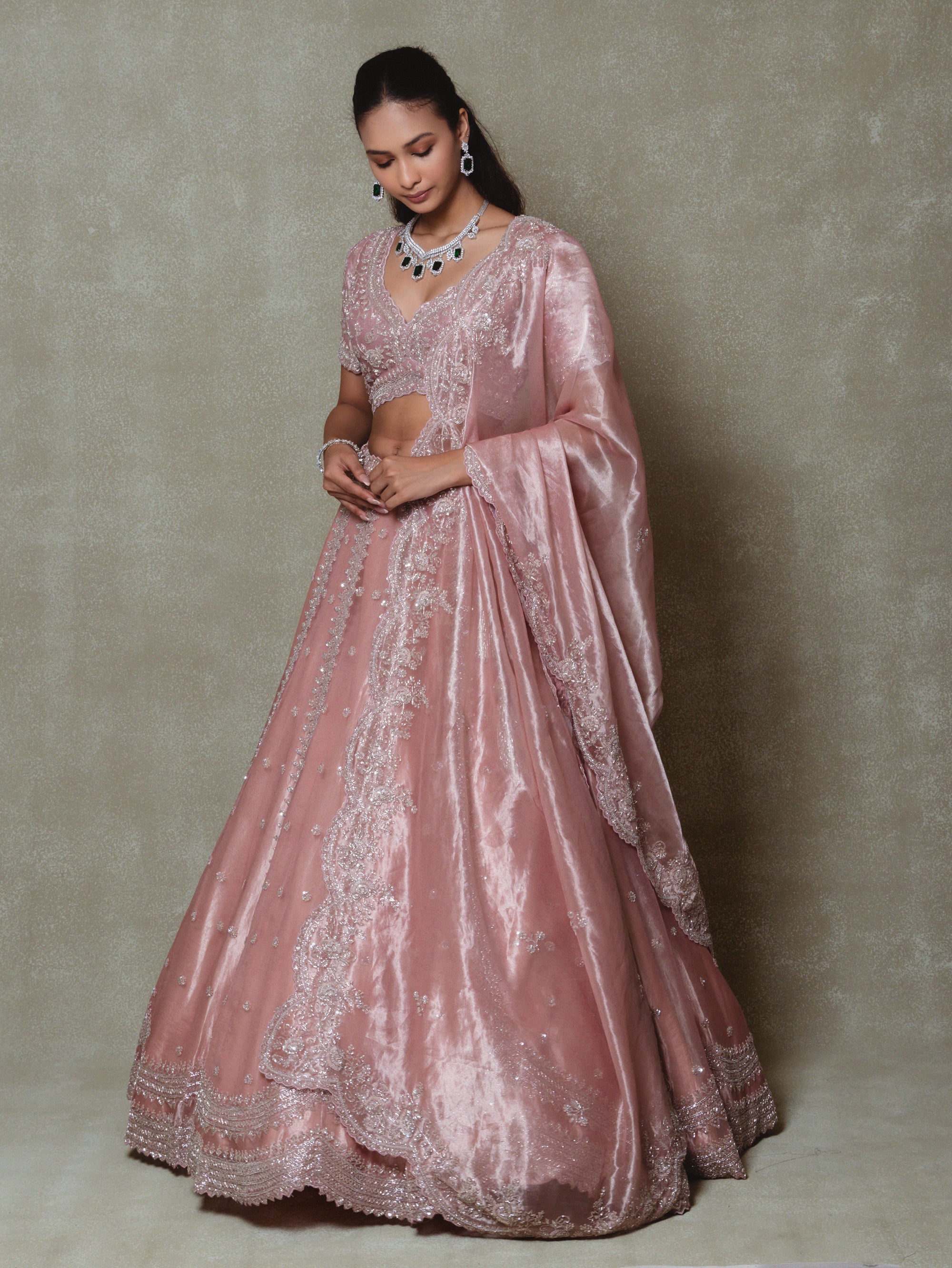 Pink Tissue Embroidered Lehenga Set