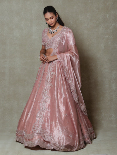 Pink Tissue Embroidered Lehenga Set