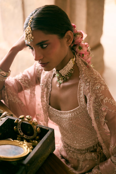 Rose Pink Tissue Sequins Embroidered Lehenga Set