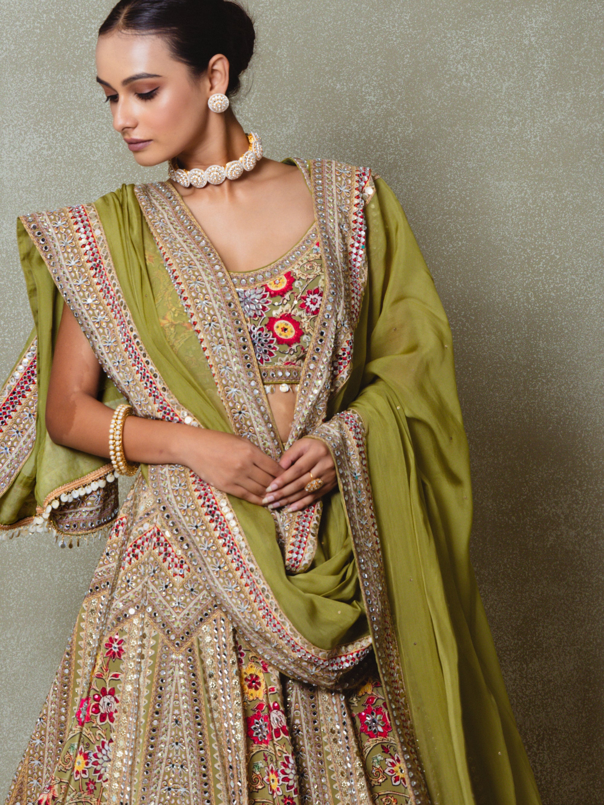 Olive Green Crepe Silk Digital Printed Lehenga Set