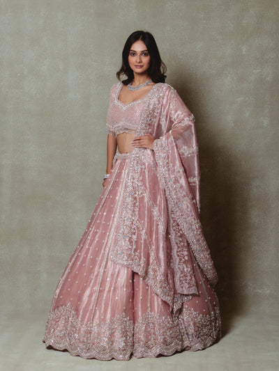 Rose Pink Tissue Pearls and Sequins Embroidered Lehenga Set
