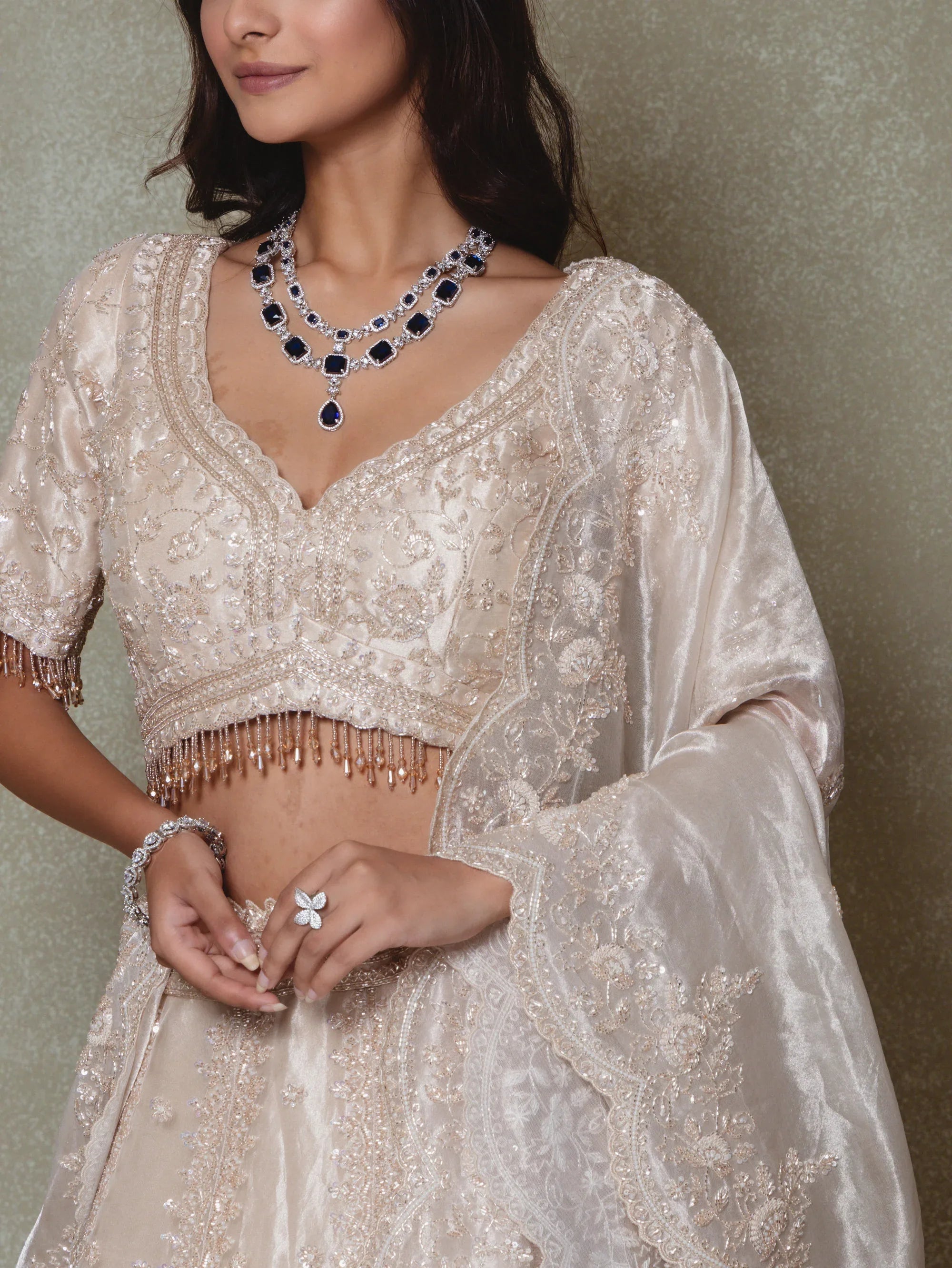 Champagne Tissue Pearls Embroidered Lehenga Set - Vedant G