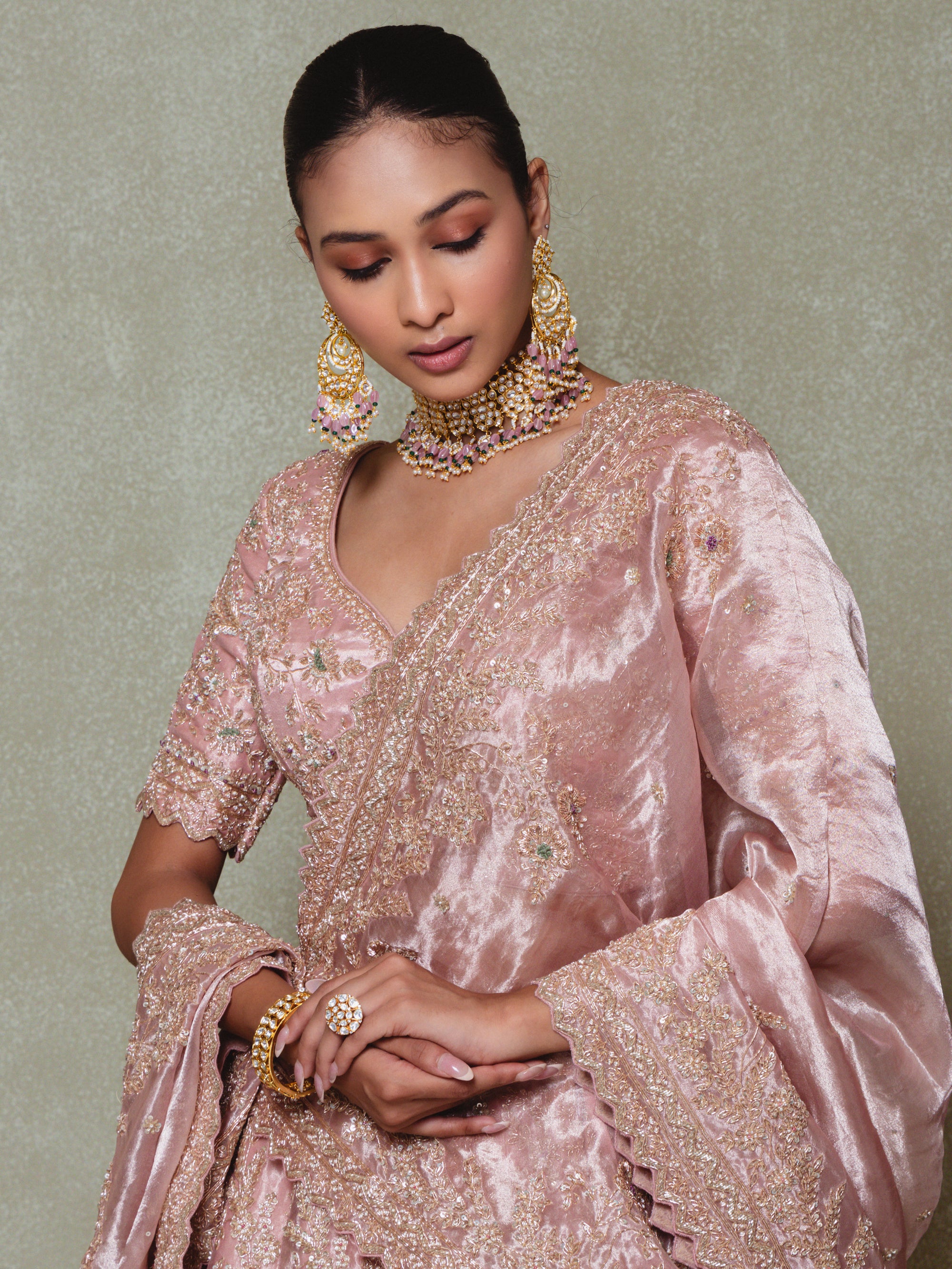 Rose Pink Tissue Embroidered Lehenga Set