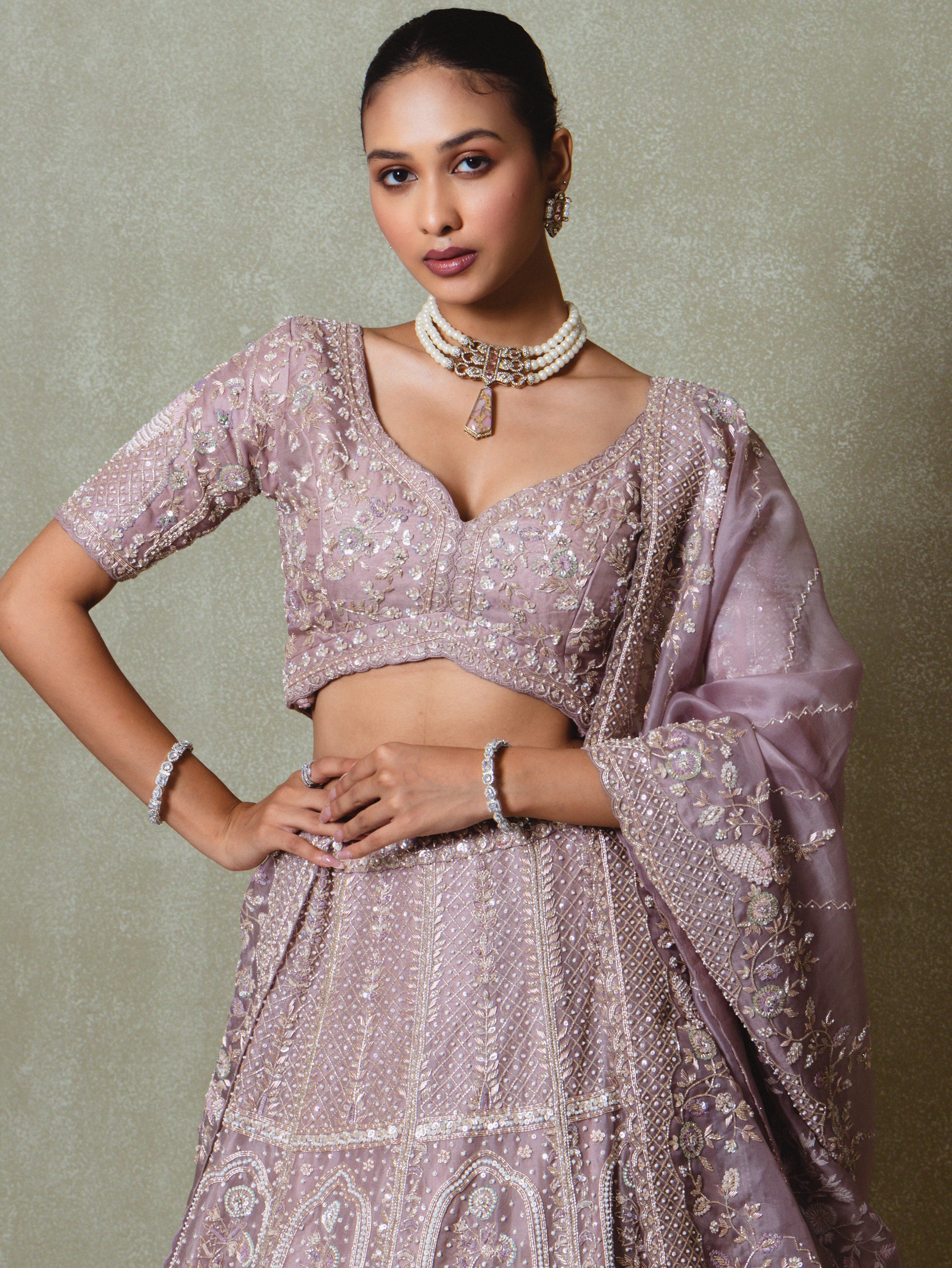Lavender Tissue Pearls Embroidered Lehenga Set