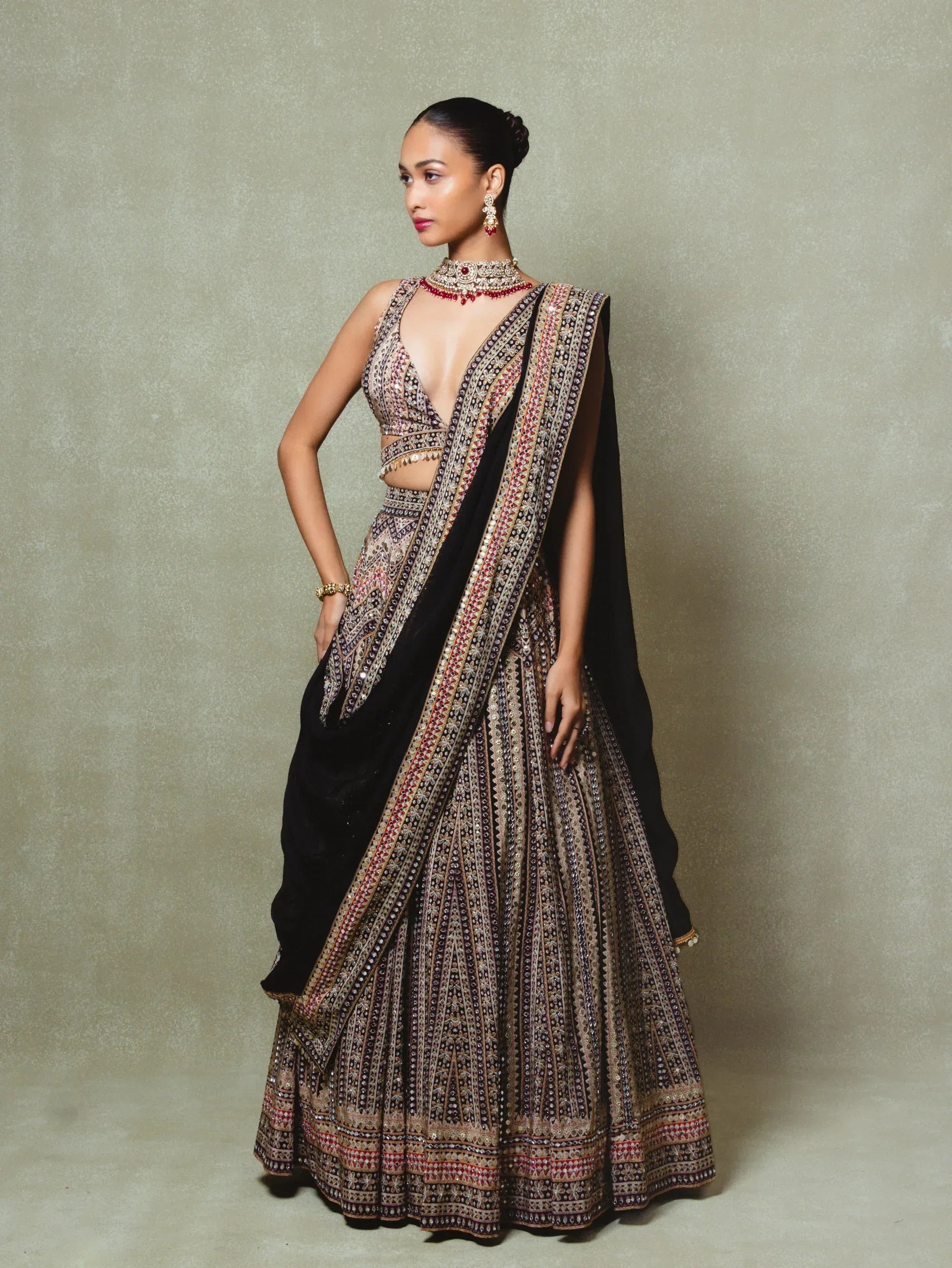 Black Crepe Silk Digital Printed Lehenga Set - Vedant G
