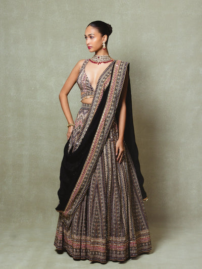 Black Crepe Silk Digital Printed Lehenga Set - Vedant G