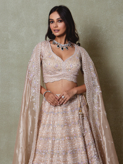 Peach Tissue Embroidered Lehenga Set