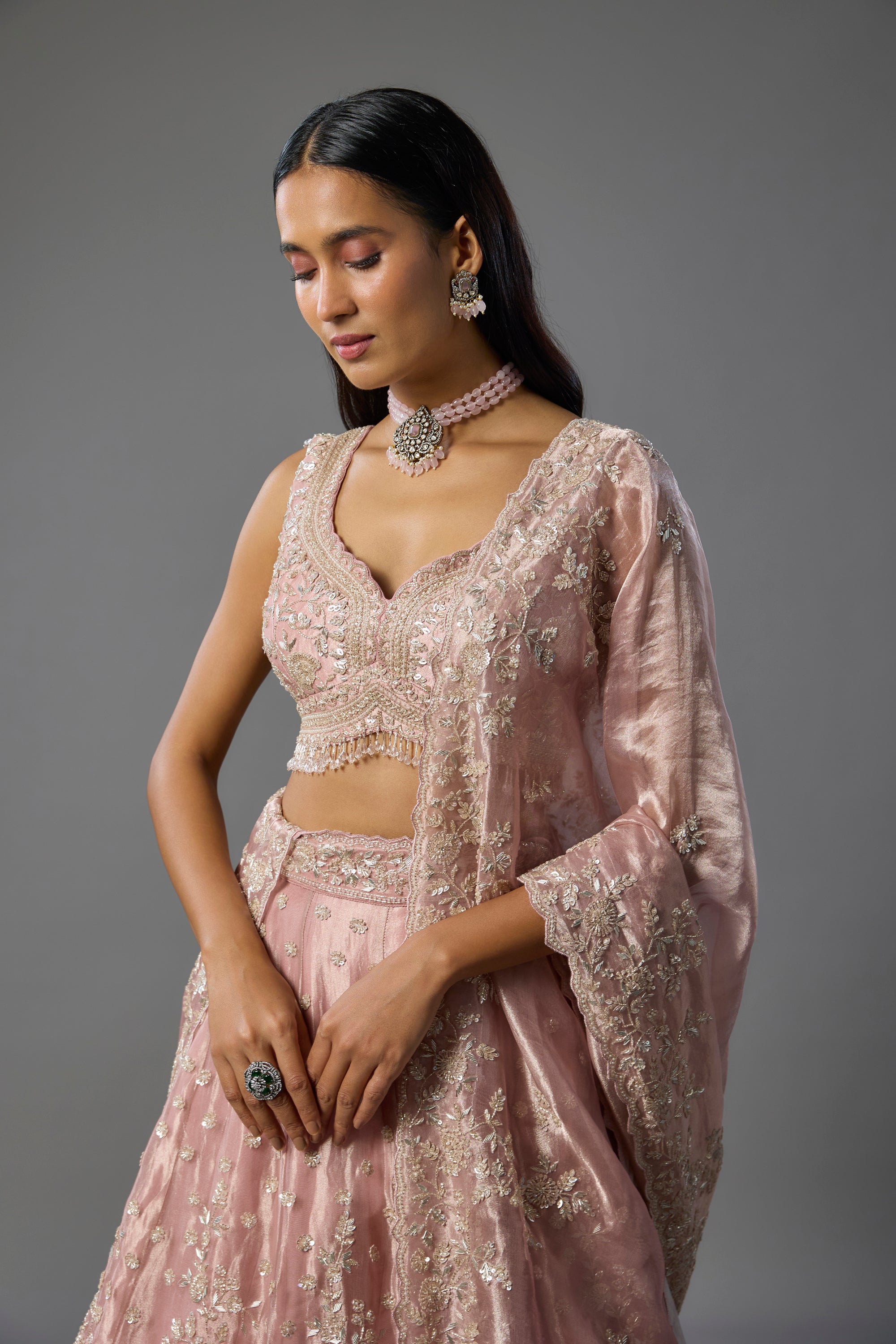 Rose Pink Tissue Sequins and Pearl Embroidered Lehenga Set