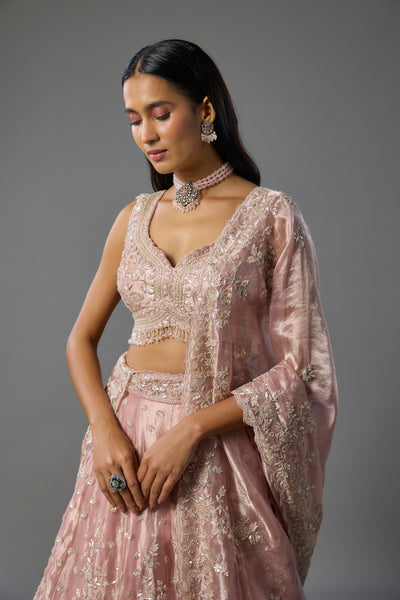 Rose Pink Tissue Sequins and Pearl Embroidered Lehenga Set