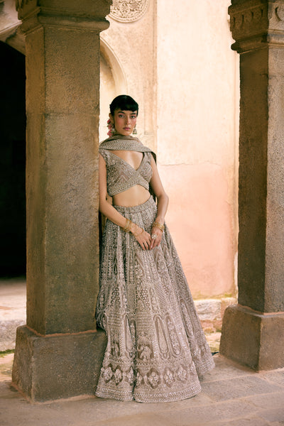 Grey Tissue Sequins Embroidered Lehenga Set