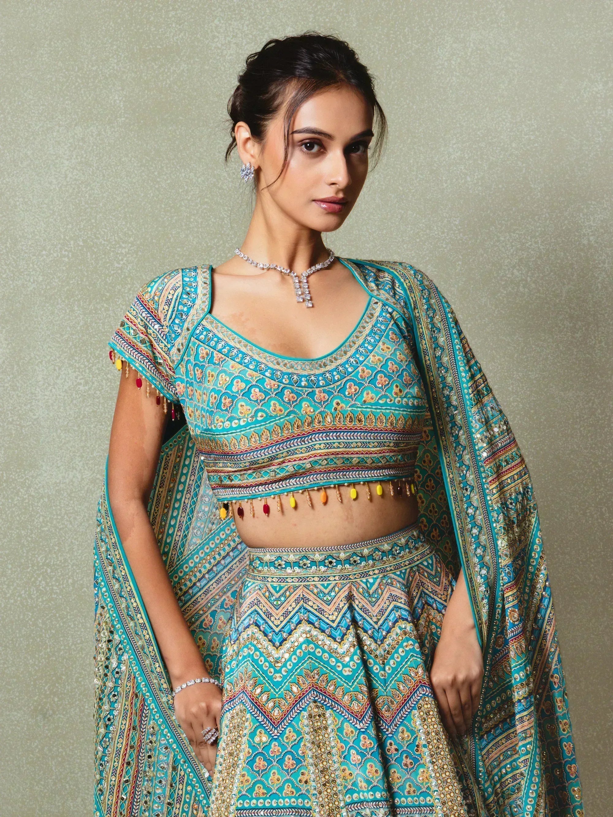 Blue Crepe Silk Digital Printed Lehenga Set - Vedant G