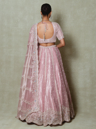 Pink Tissue Sequins Embroidered Lehenga Set