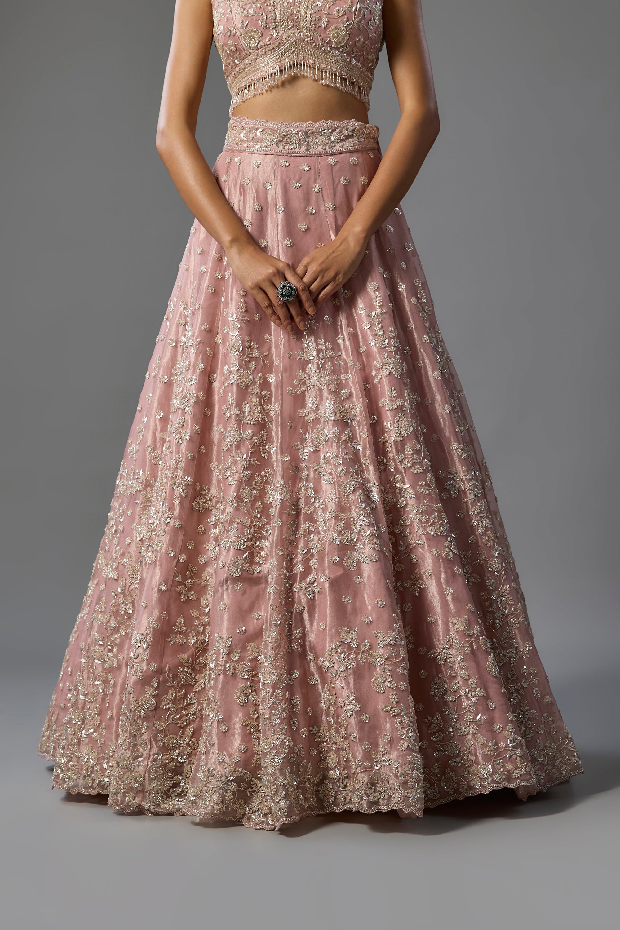 Rose Pink Tissue Sequins and Pearl Embroidered Lehenga Set