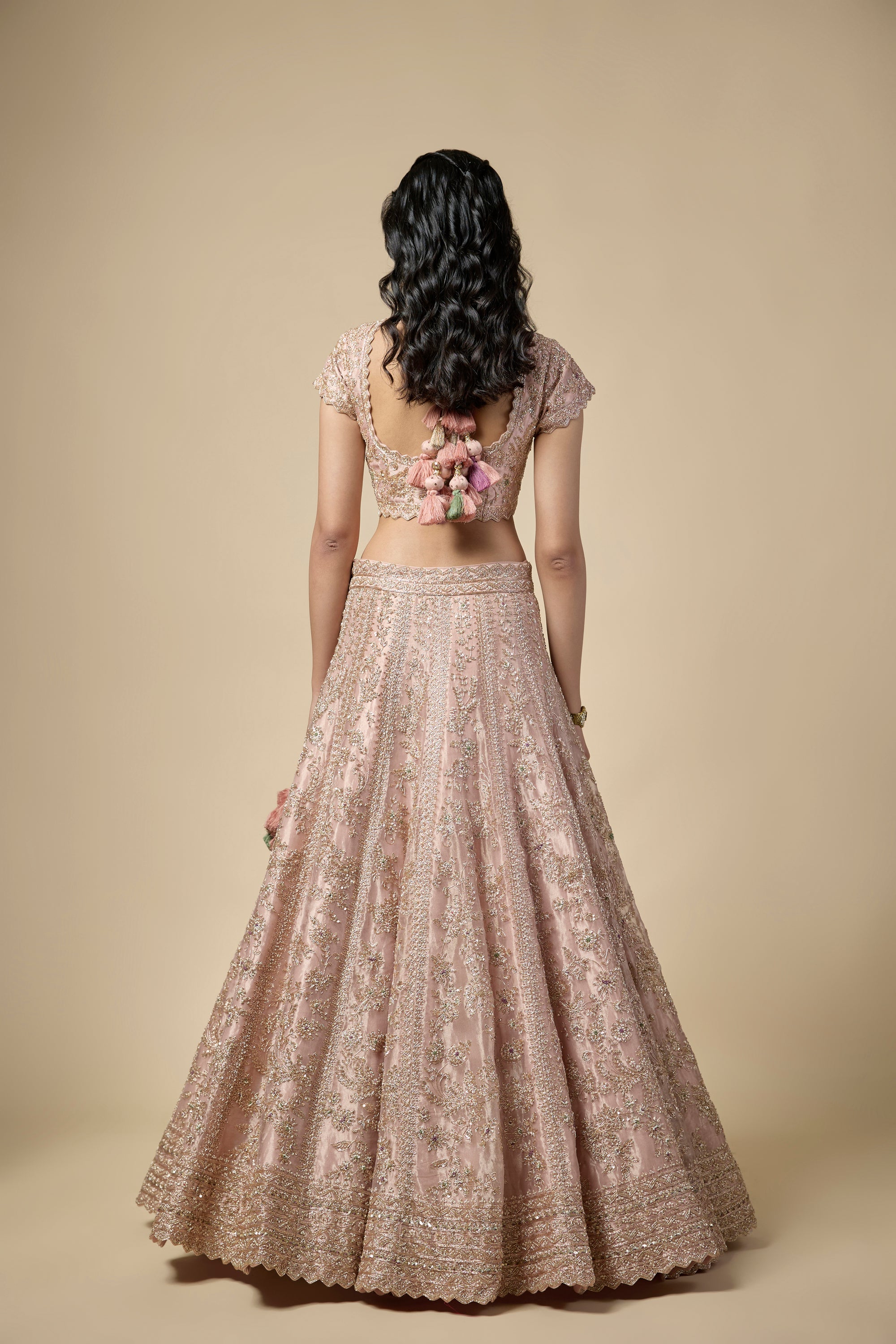 Rose Pink Tissue Sequins and Pearls Embroidered Lehenga Set