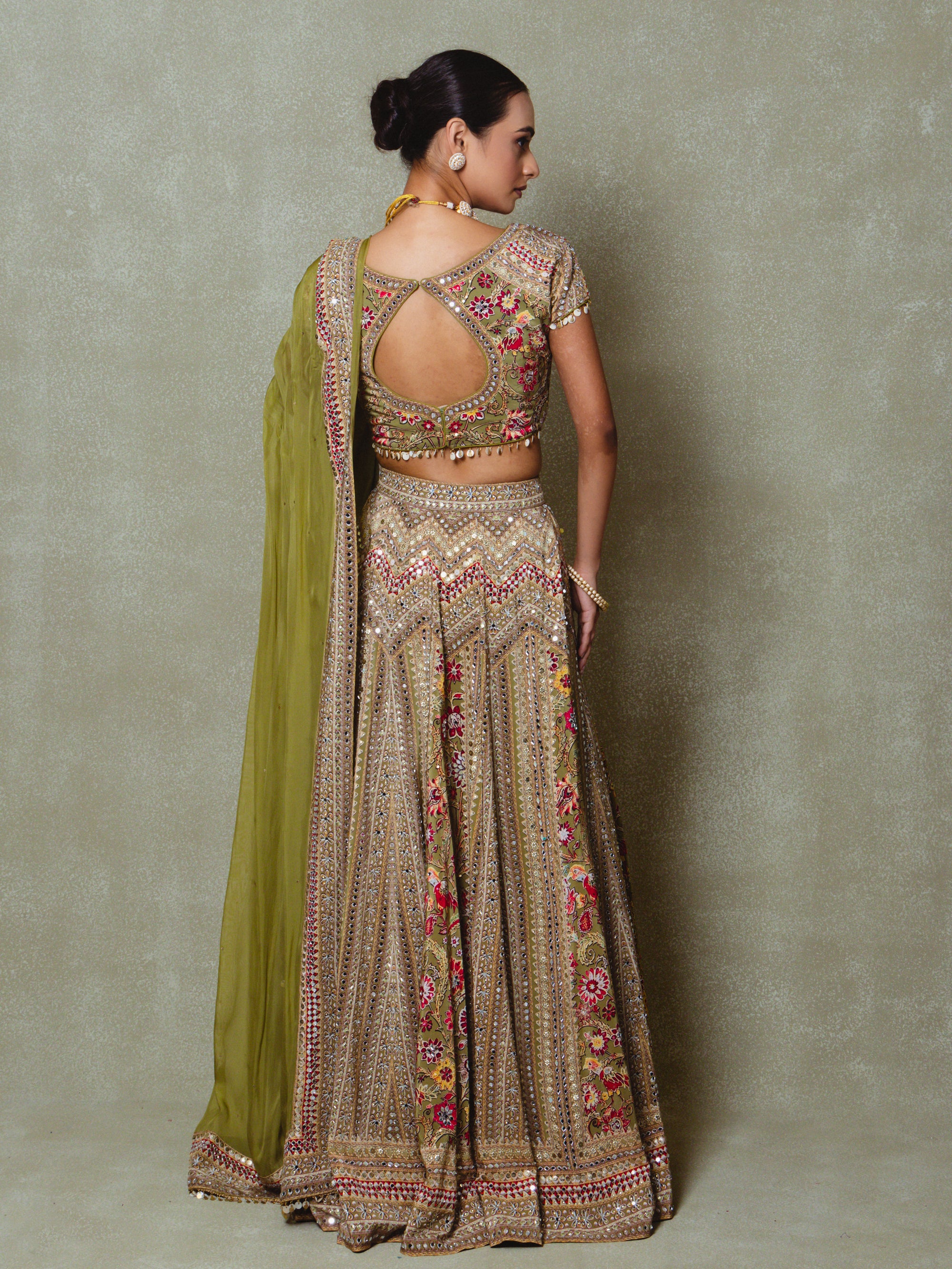 Olive Green Crepe Silk Digital Printed Lehenga Set
