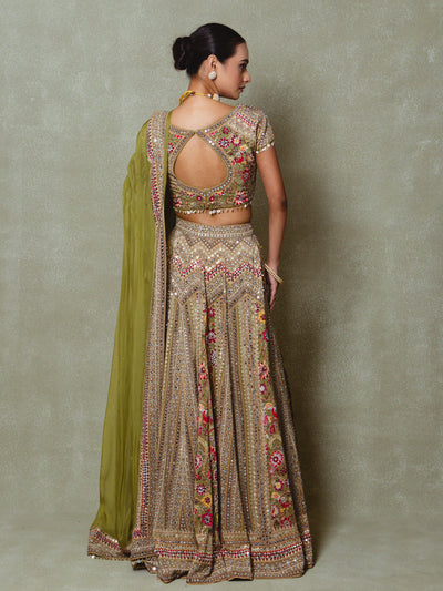 Olive Green Crepe Silk Digital Printed Lehenga Set