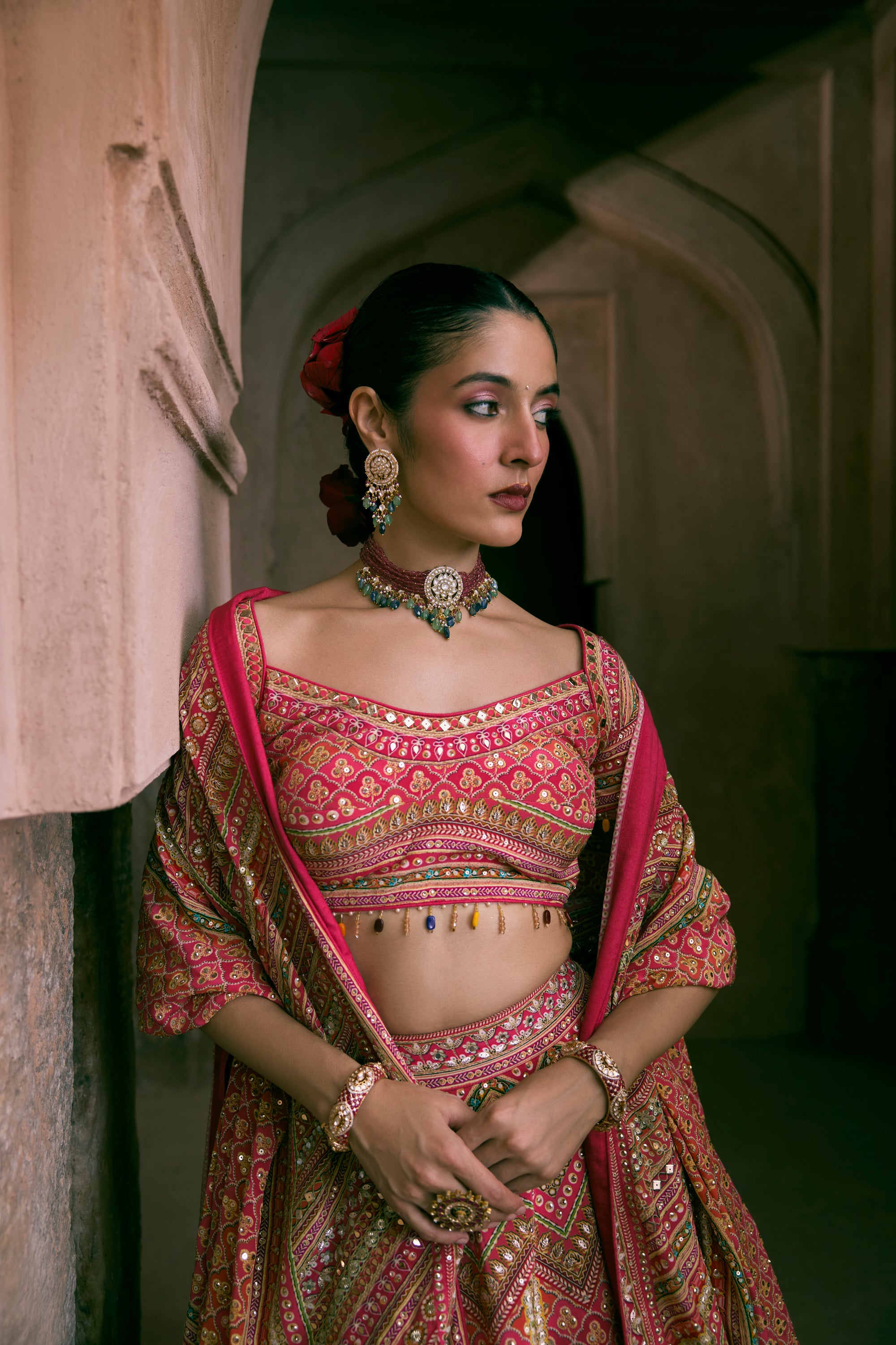 Pink Crepe Silk Digital Printed Lehenga Set