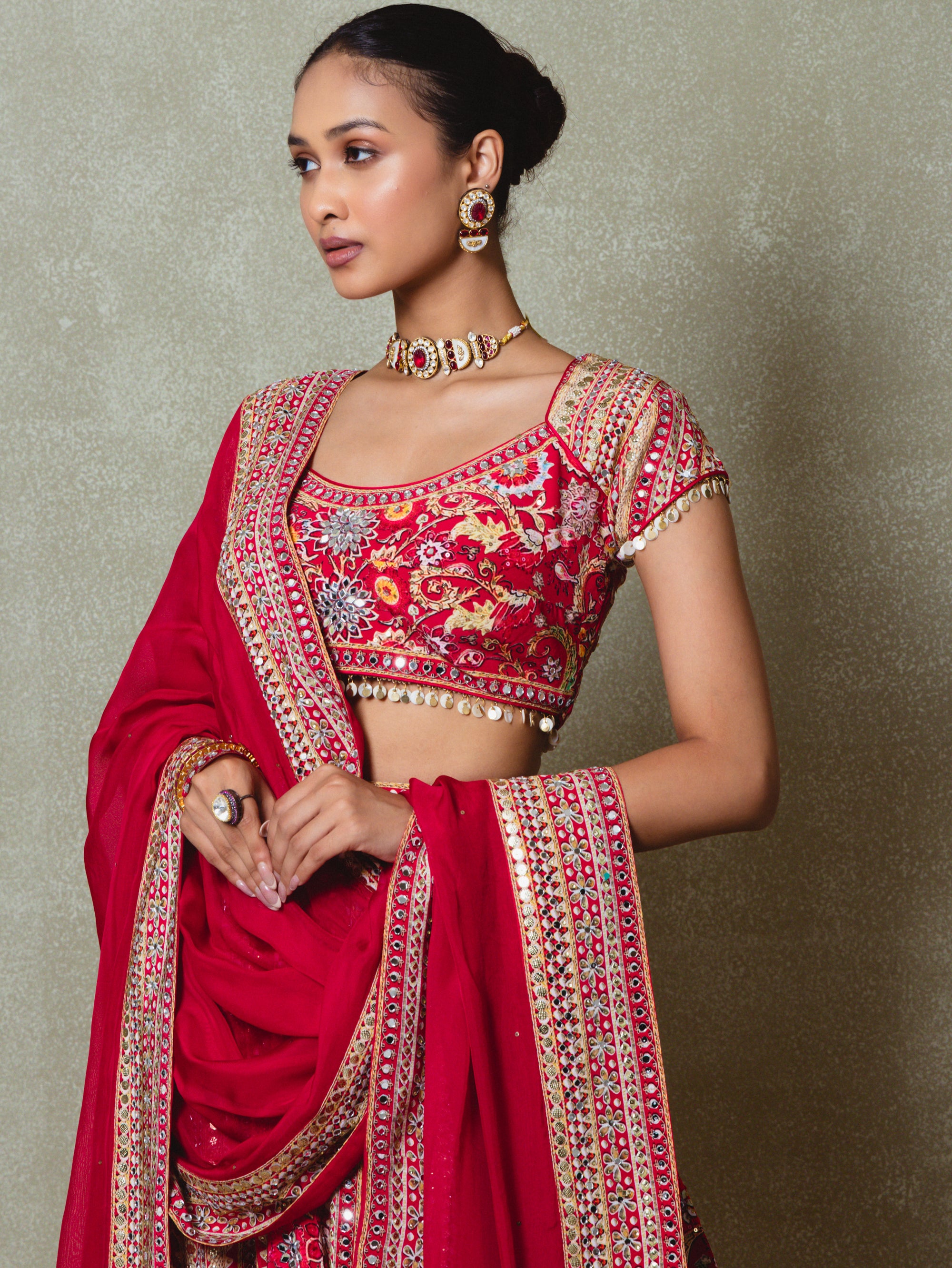 Red Crepe Sequins Embellished Lehenga Set