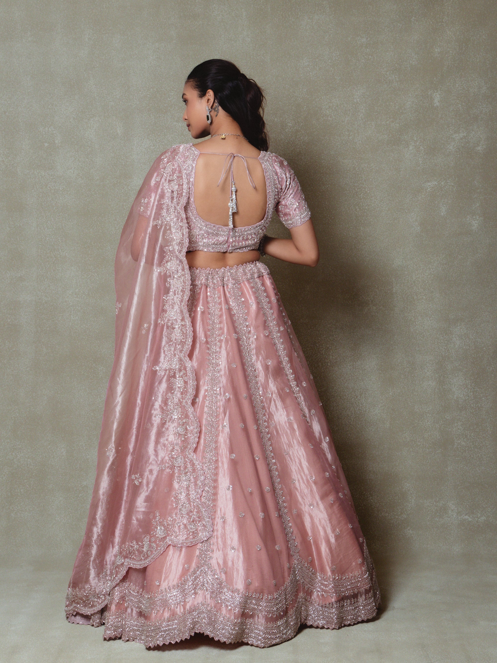 Pink Tissue Embroidered Lehenga Set