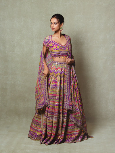 Purple Crepe Silk Digital Printed Lehenga Set