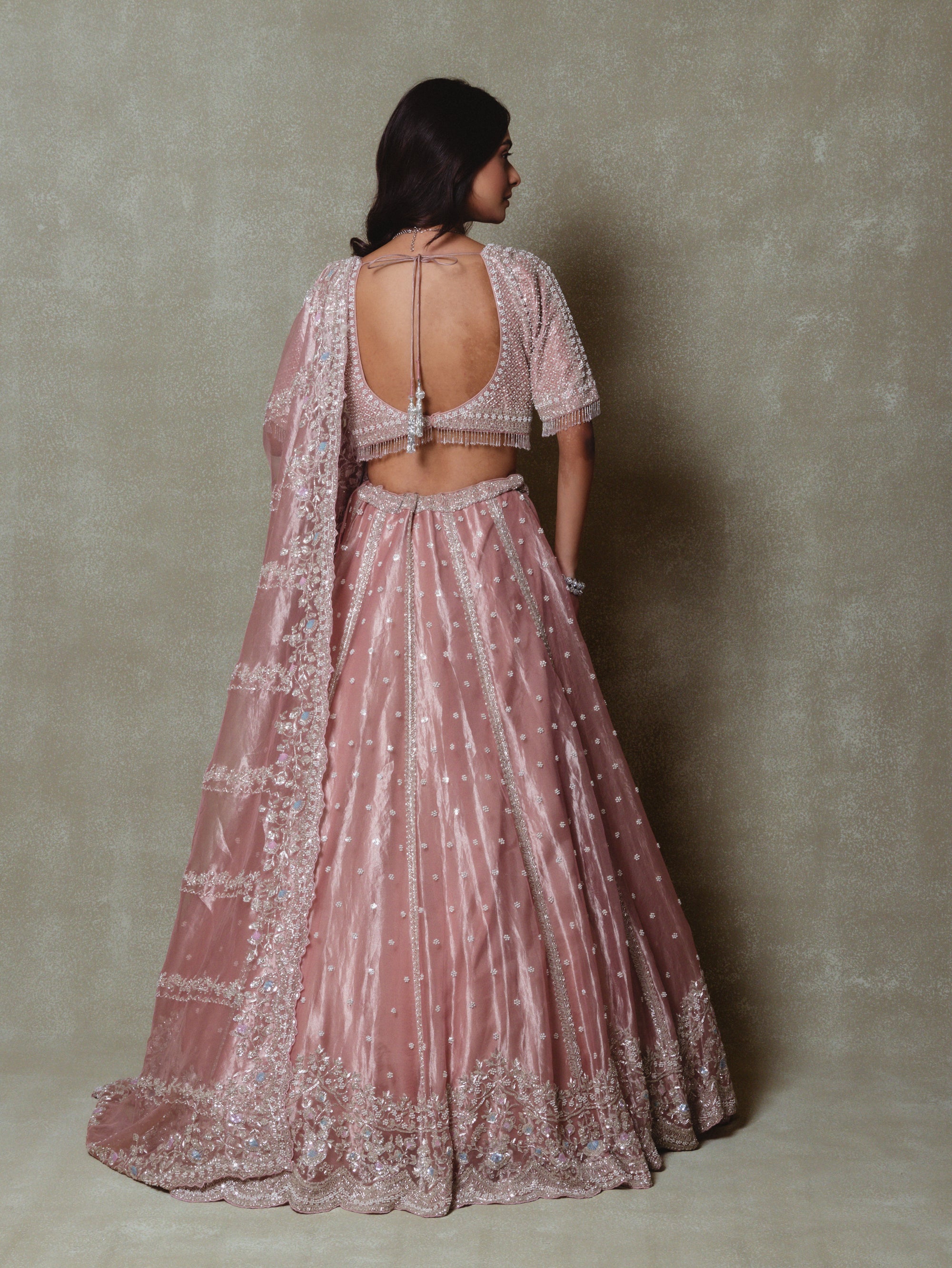 Rose Pink Tissue Pearls and Sequins Embroidered Lehenga Set
