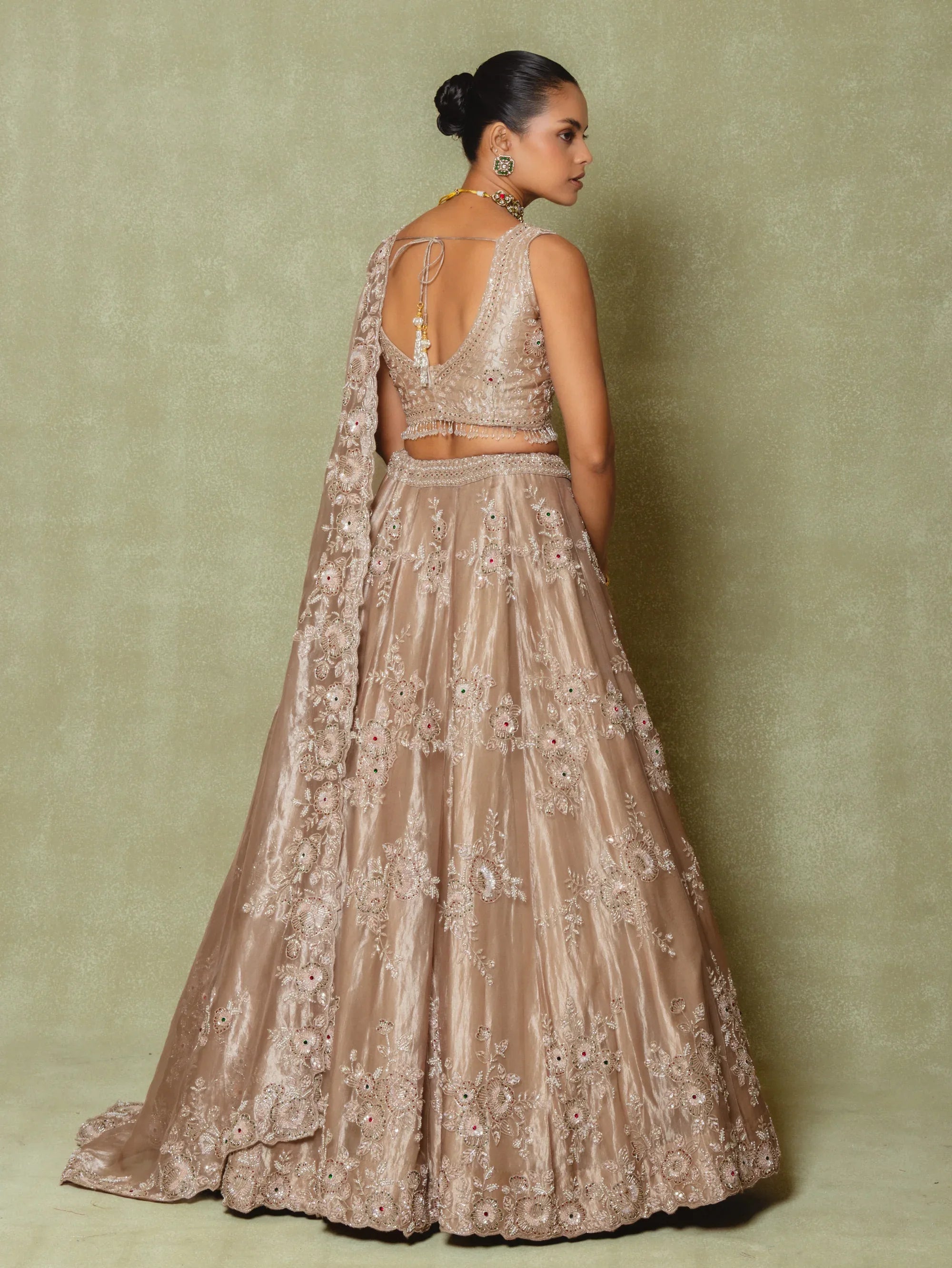 Brown Tissue Sequins Embroidered Lehenga Set - Vedant G