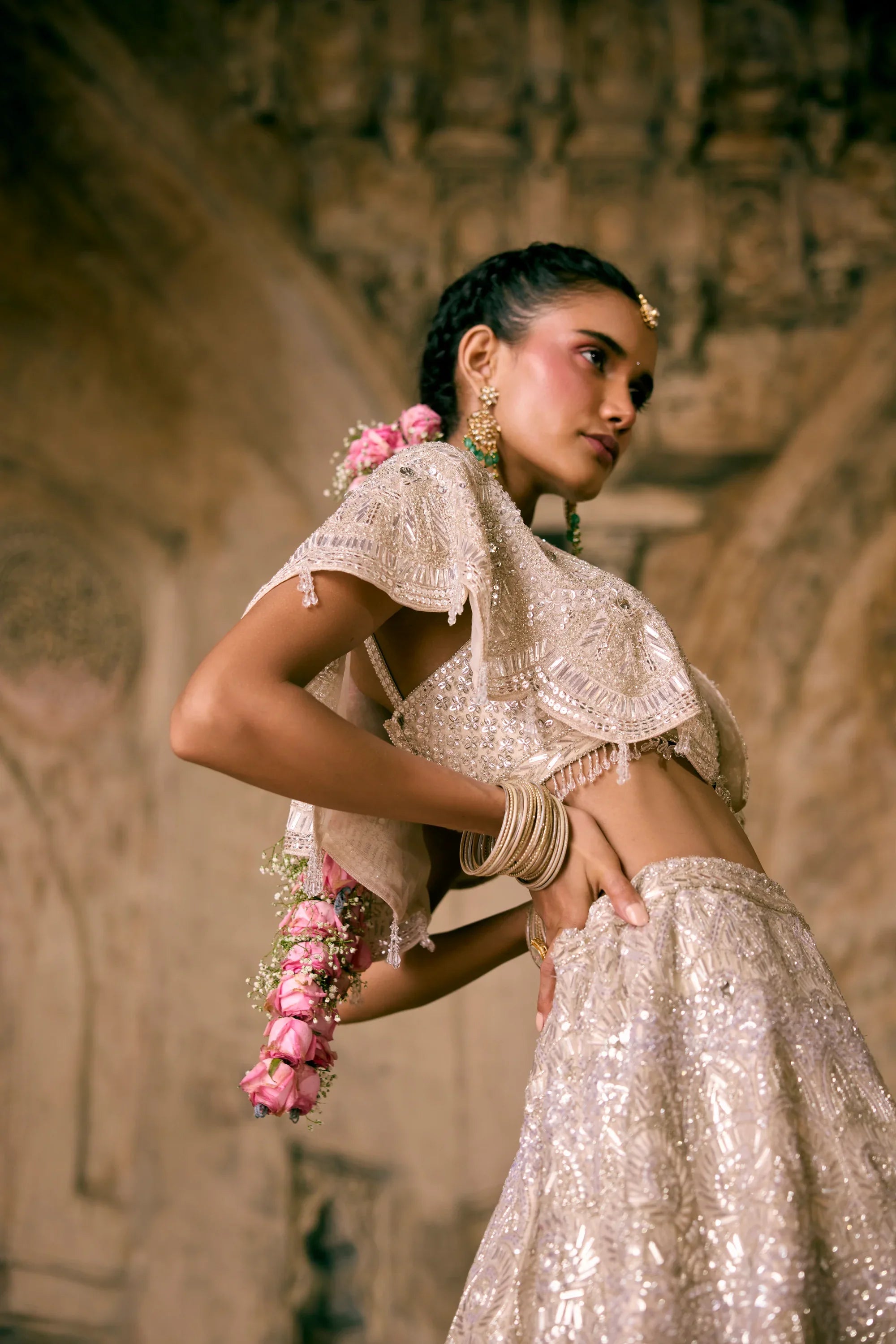 Champagne Tissue Cape Lehenga Set - Vedant G