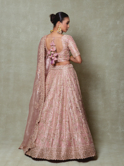 Rose Pink Tissue Embroidered Lehenga Set