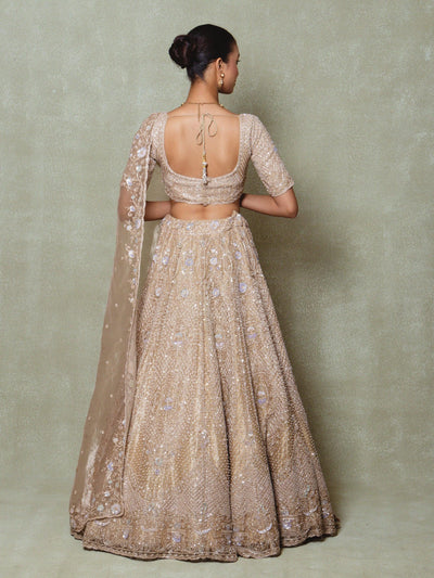 Brown Tissue Embroidered Lehenga Set - Vedant G