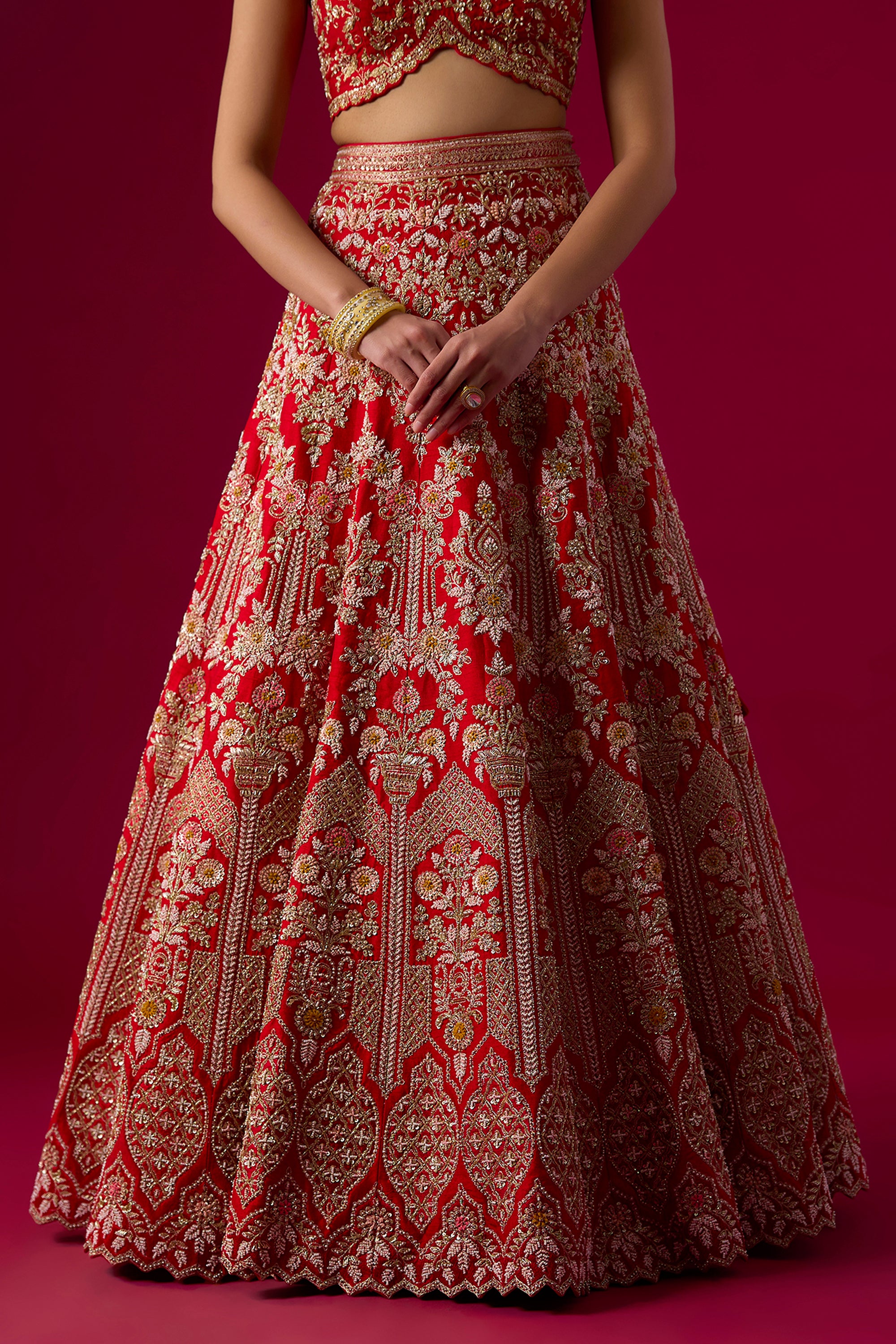 Red Silk Zardosi Embroidered Lehenga Set