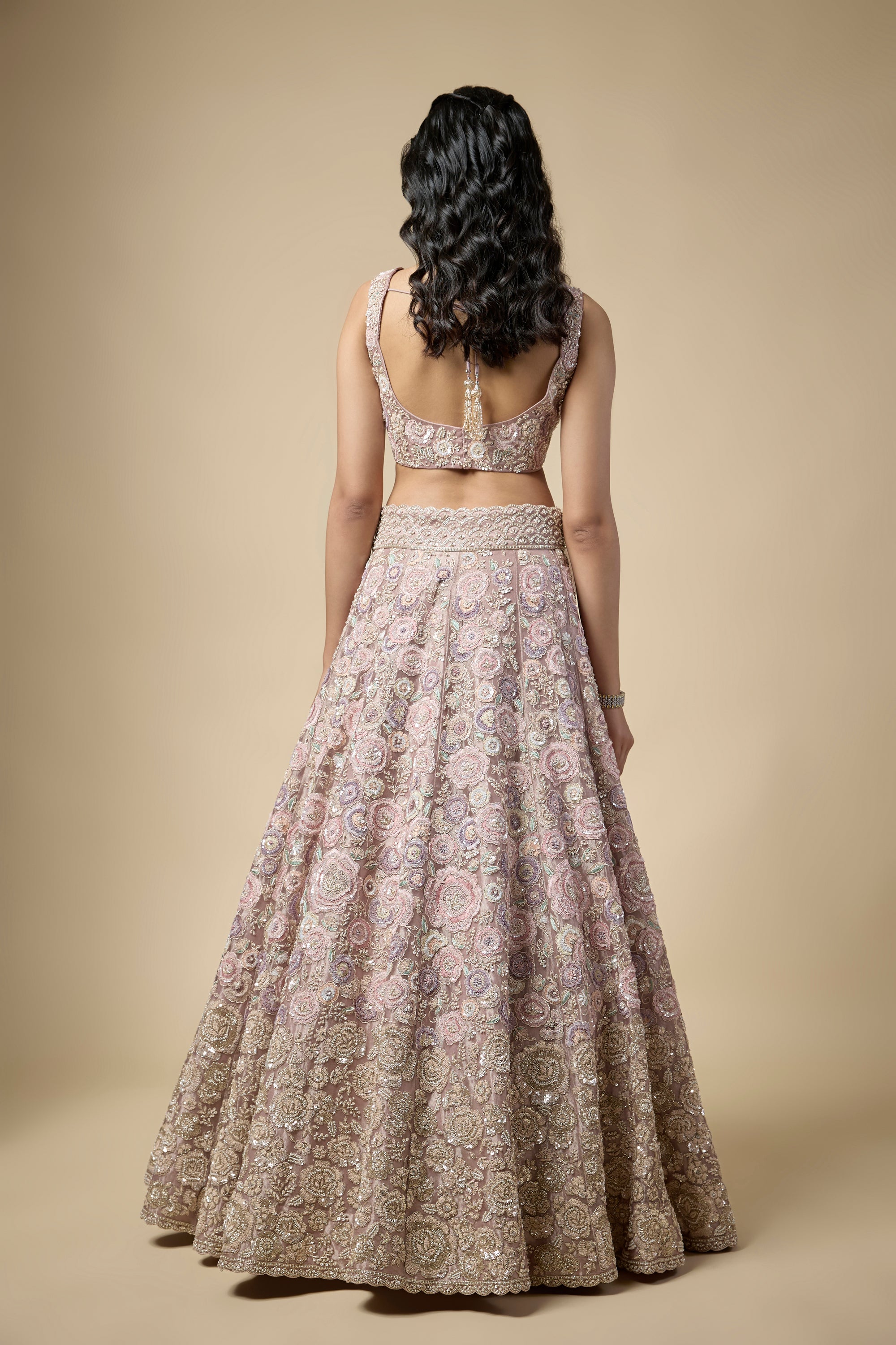Lavender Tissue Sequins and Pearls Embroidered Lehenga Set