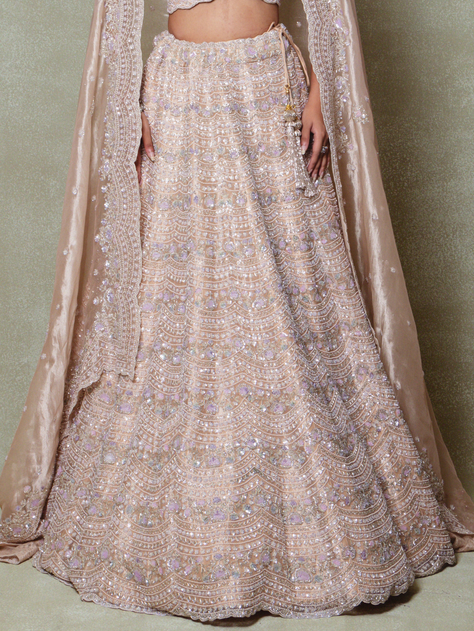 Peach Tissue Embroidered Lehenga Set