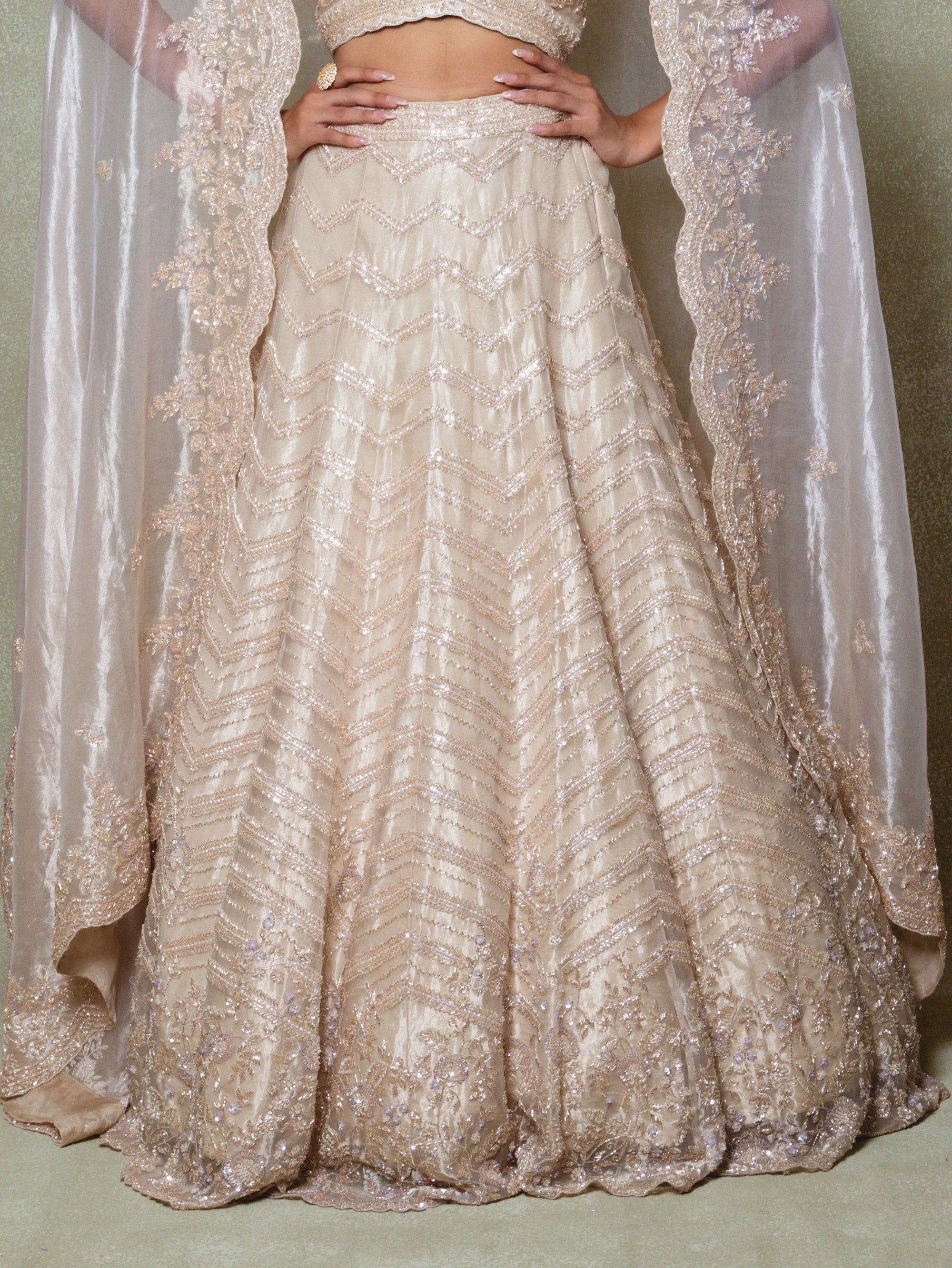 Champagne Tissue Cutdana Embroidered Lehenga Set - Vedant G