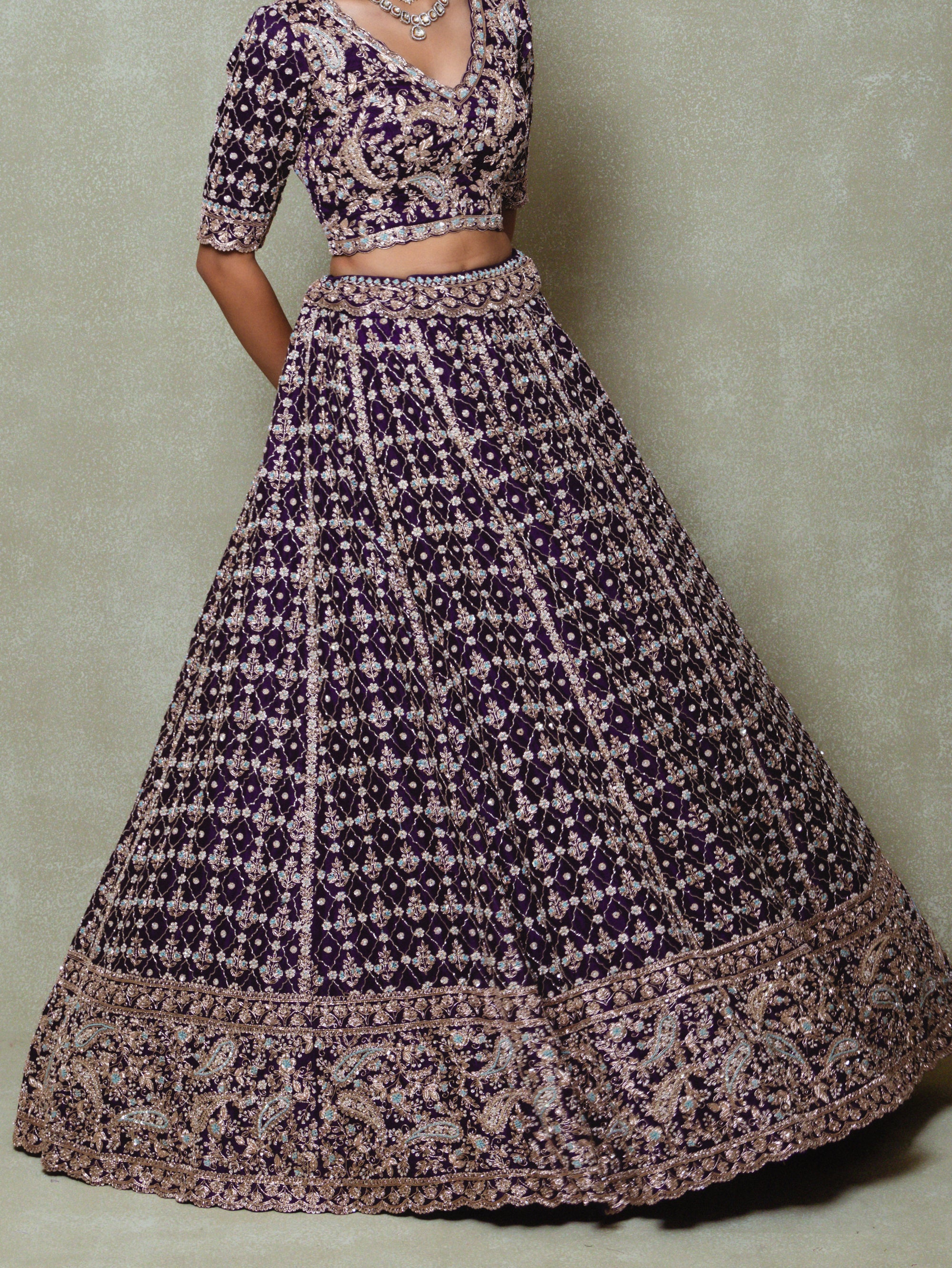 Purple Organza Cutdana Embroidered Lehenga Set