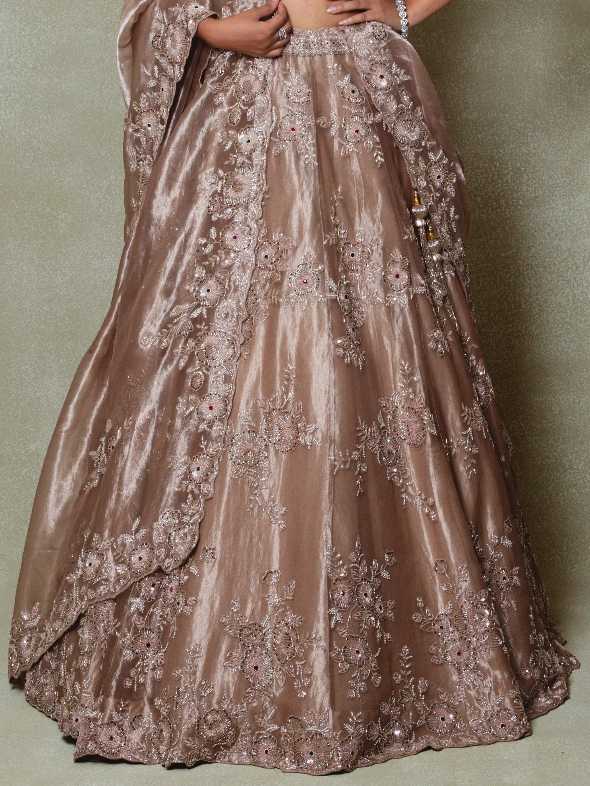 Brown and Silver Tissue Embroidered Lehenga Set - Vedant G