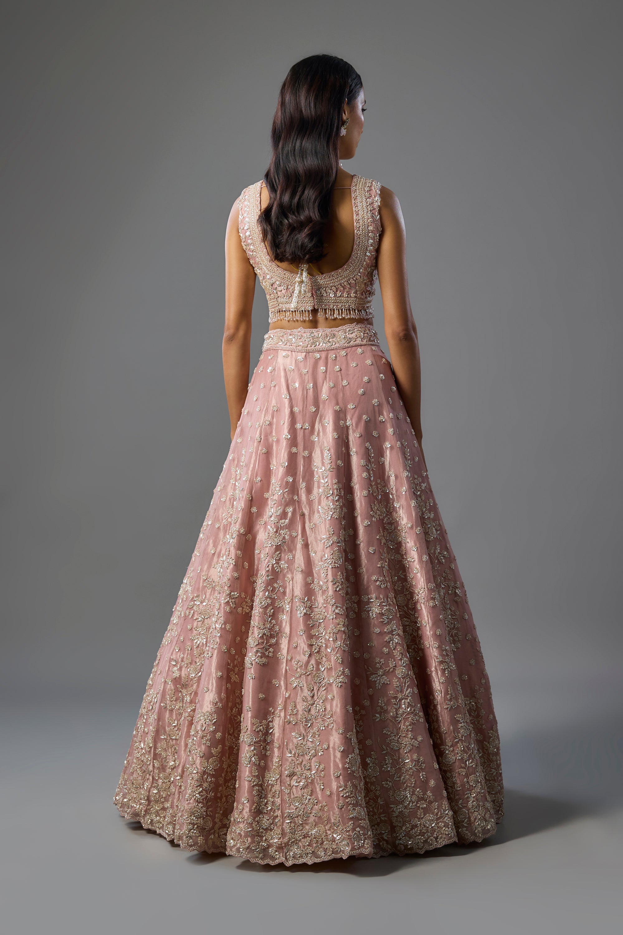Rose Pink Tissue Sequins and Pearl Embroidered Lehenga Set
