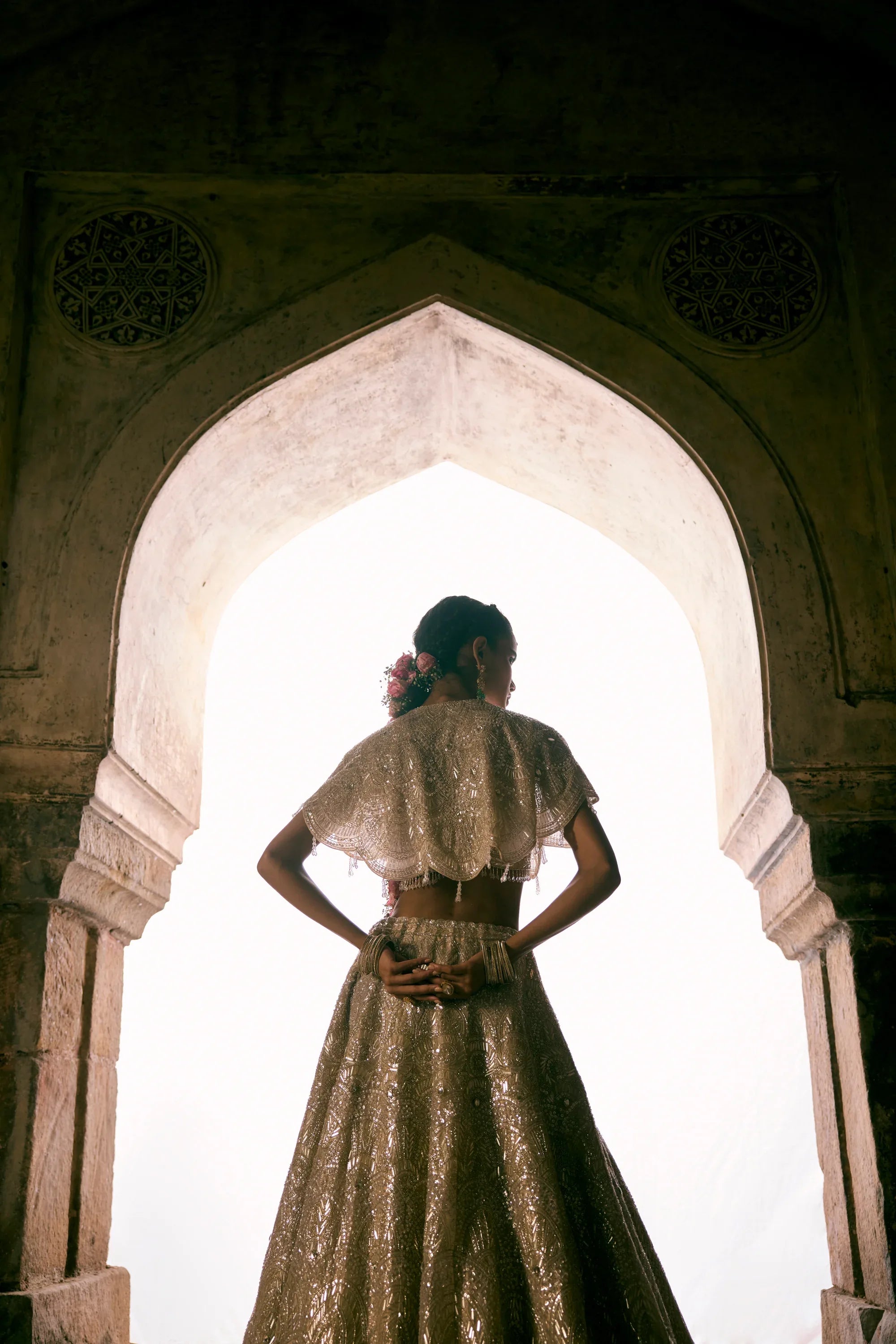 Champagne Tissue Cape Lehenga Set - Vedant G