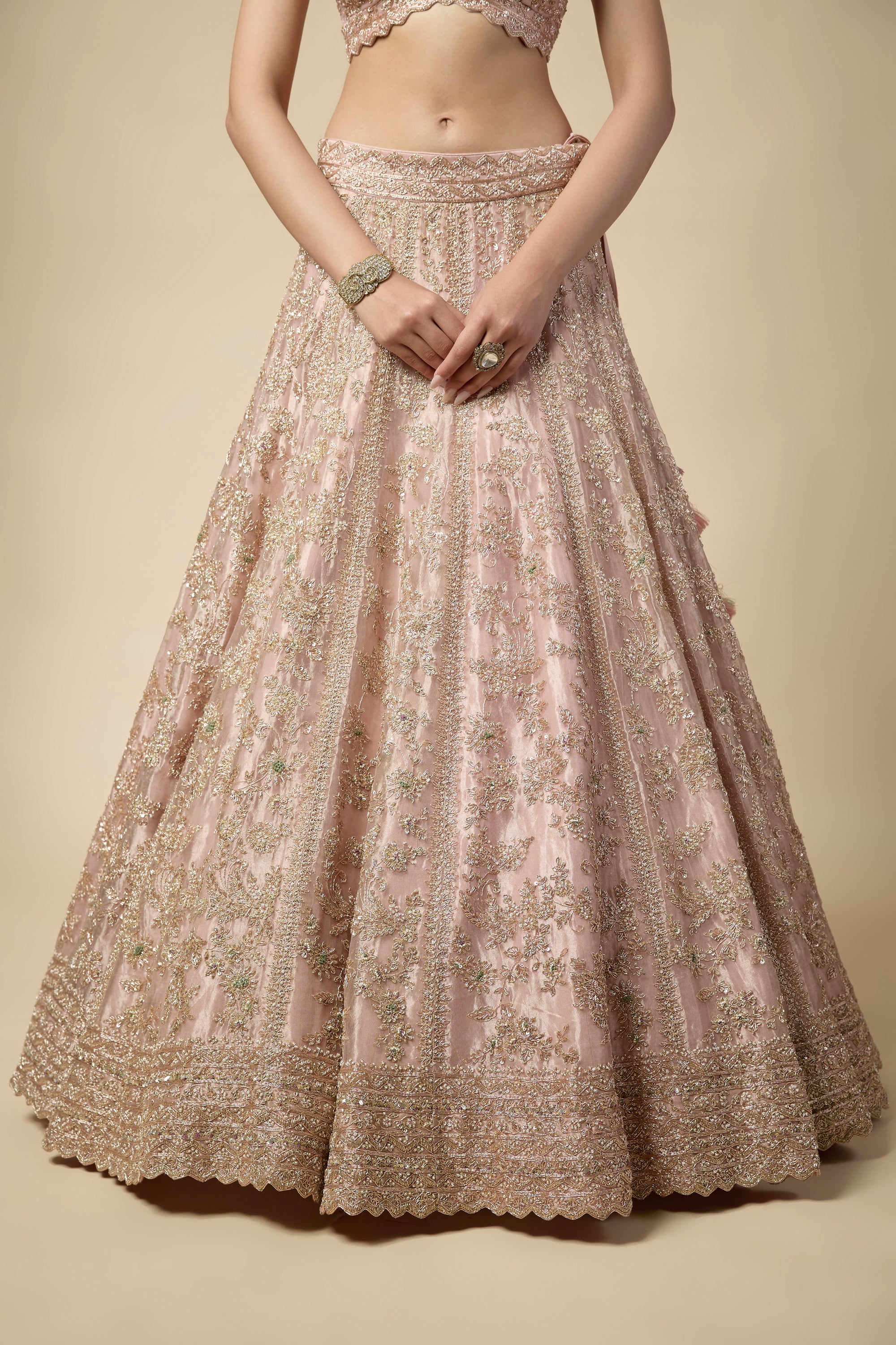 Rose Pink Tissue Sequins and Pearls Embroidered Lehenga Set