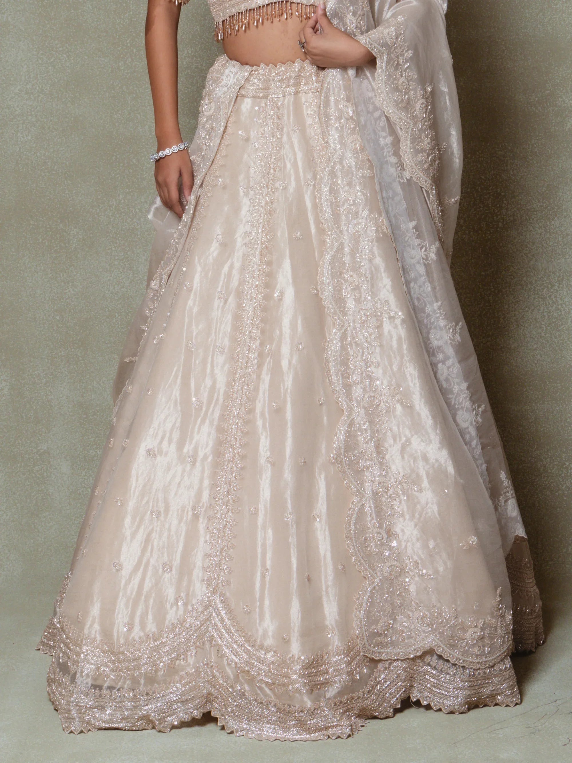 Champagne Tissue Pearls Embroidered Lehenga Set - Vedant G