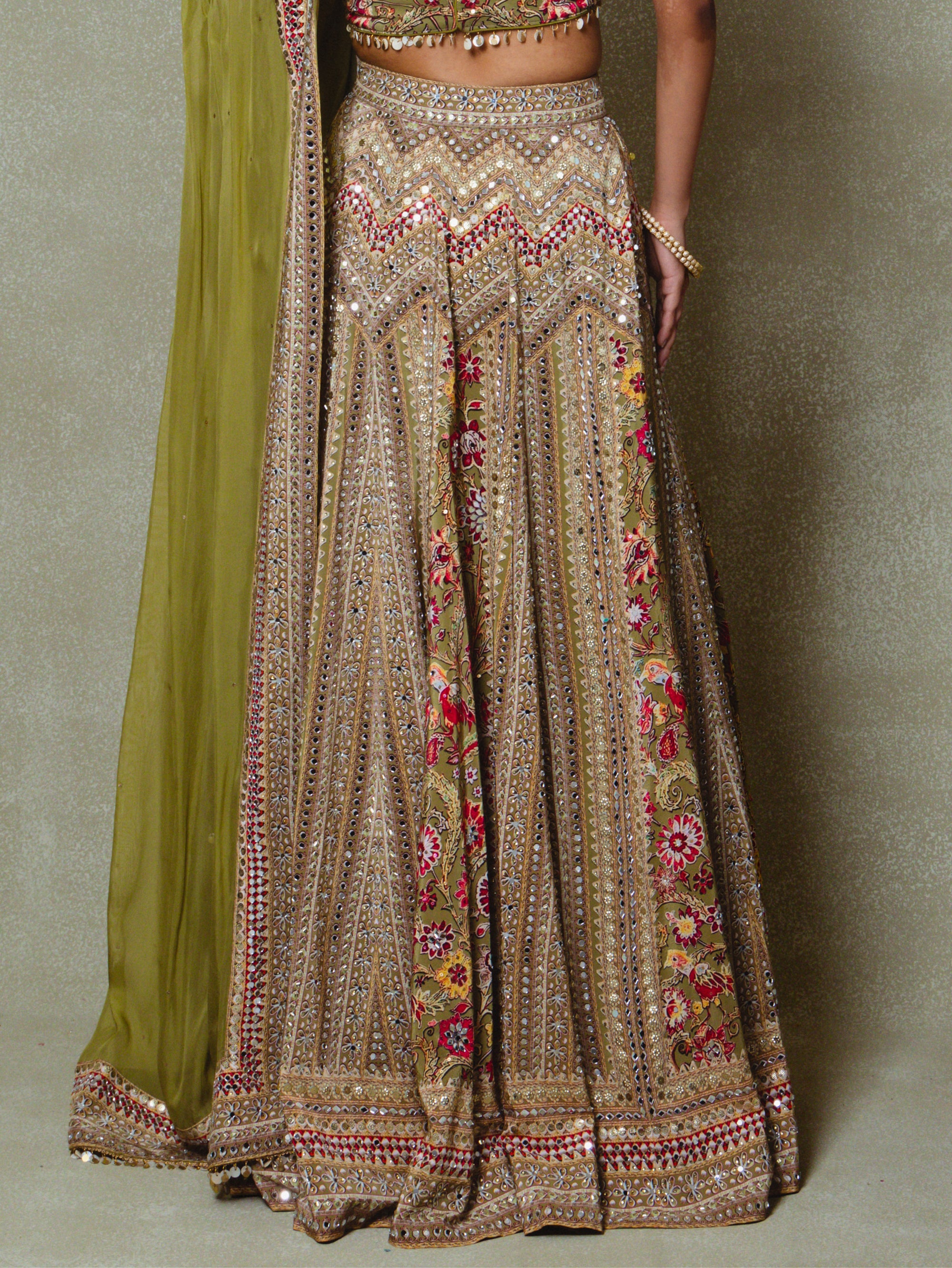 Olive Green Crepe Silk Digital Printed Lehenga Set