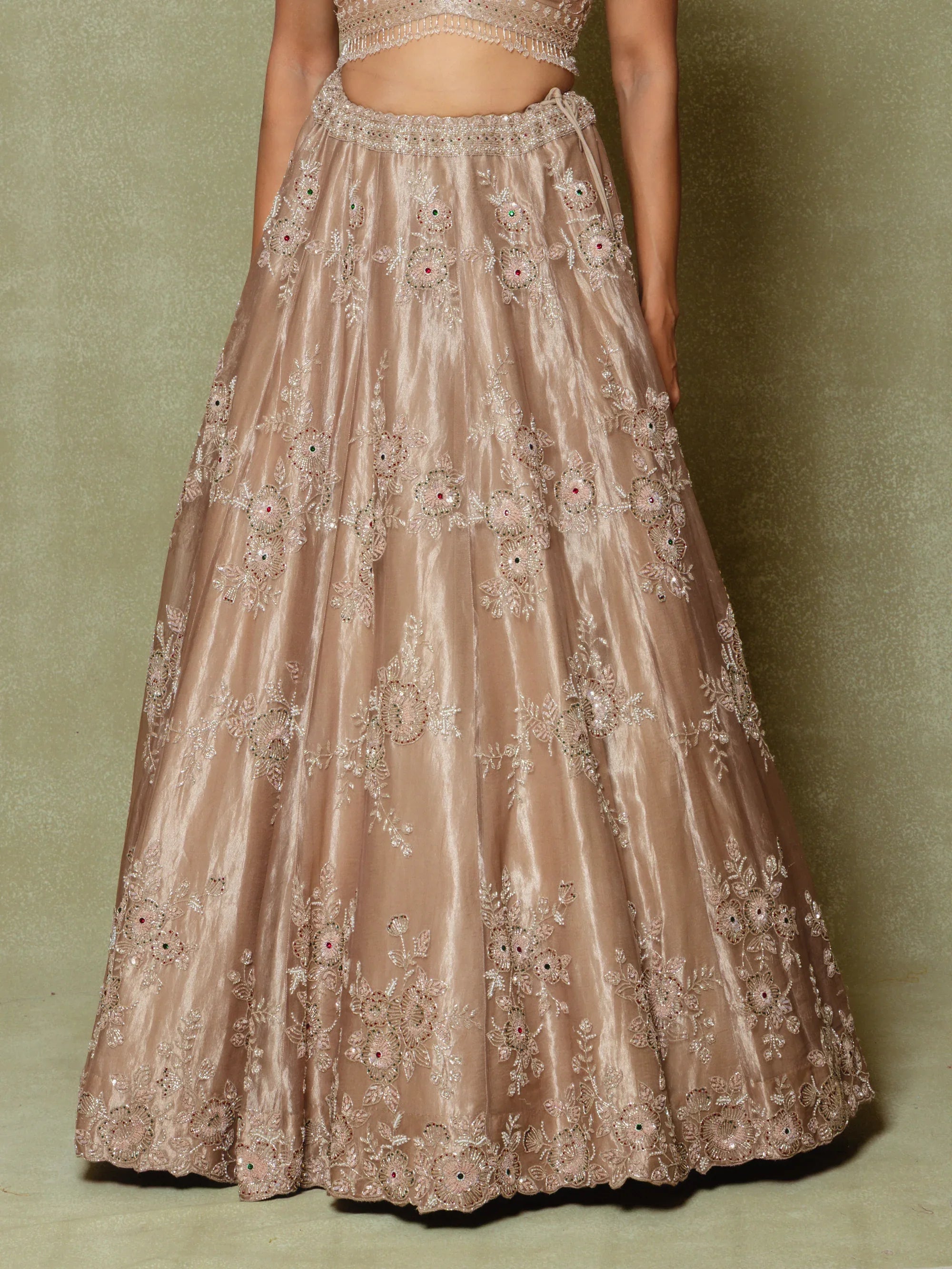 Brown Tissue Sequins Embroidered Lehenga Set - Vedant G