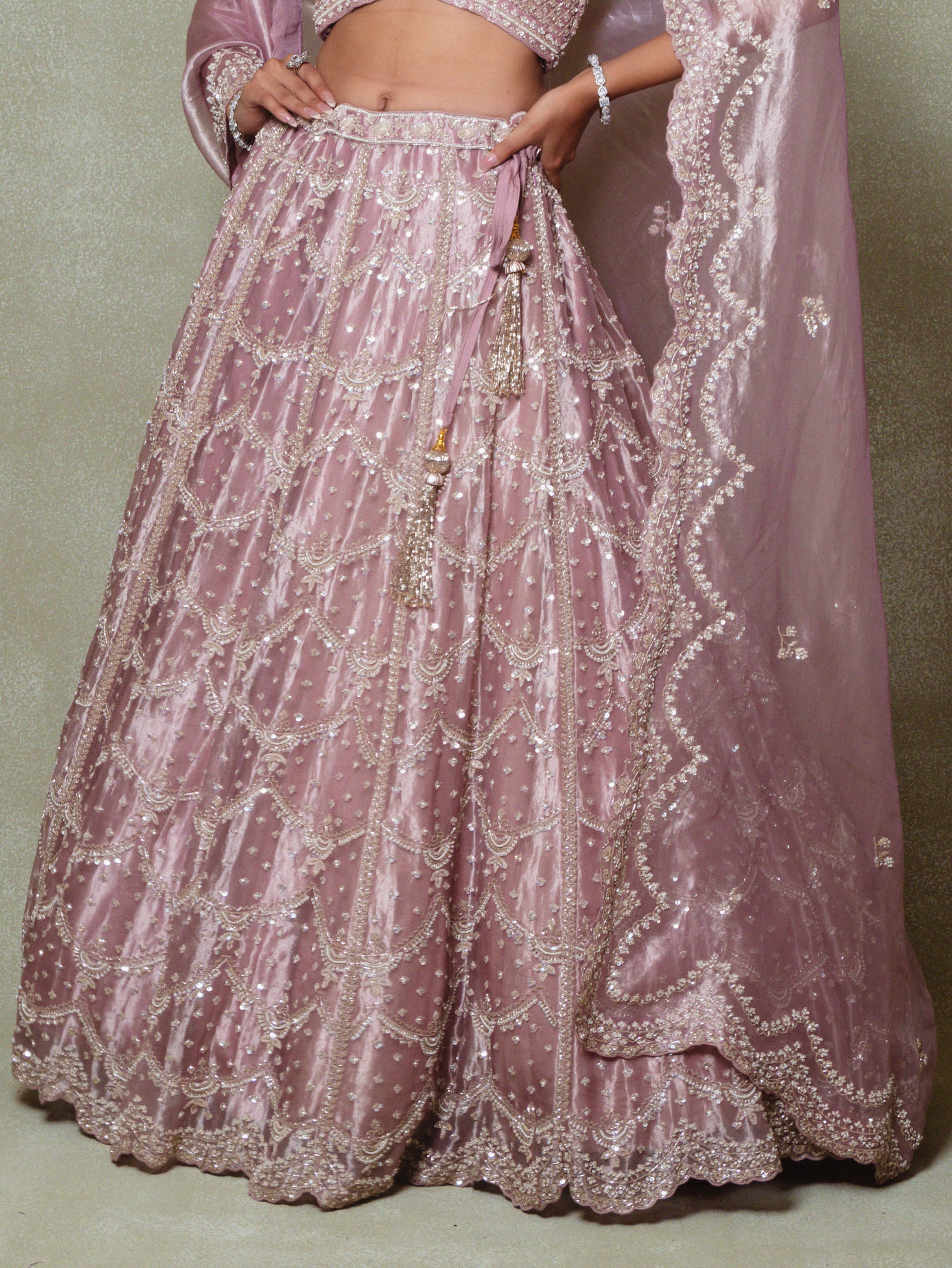 Rose Pink Tissue Pearls Embroidered Lehenga Set