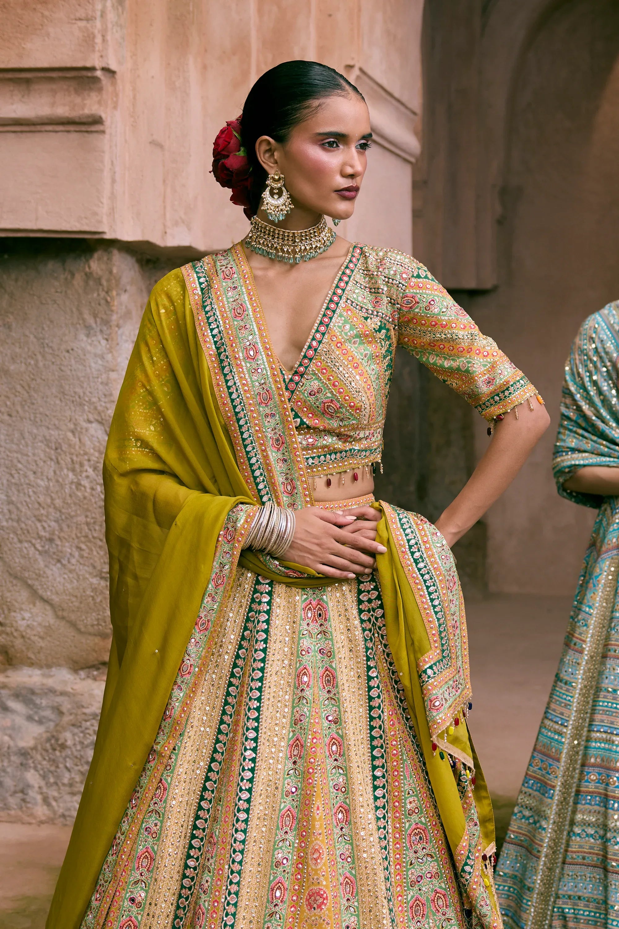 Green Crepe Sequins Embellished Lehenga Set - Vedant G