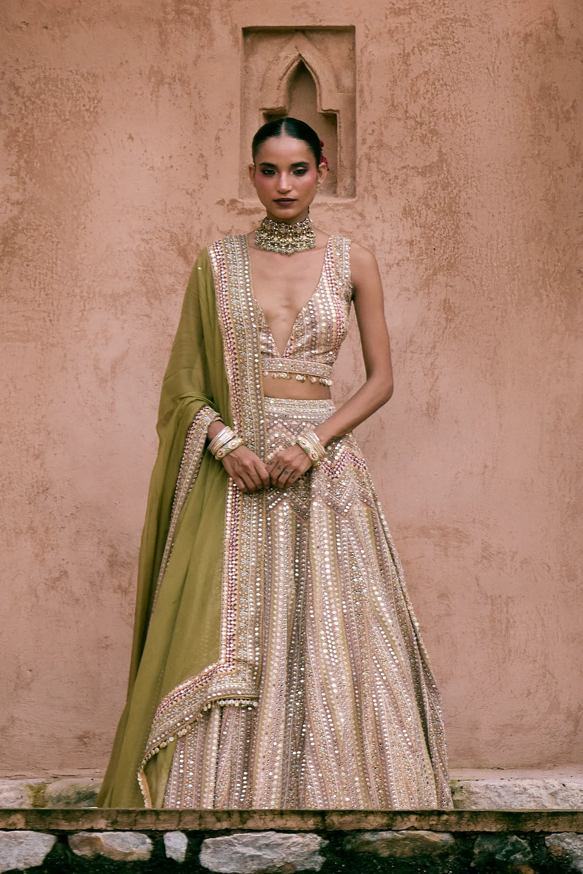 Green Crepe Silk Digital Printed Lehenga Set - Vedant G