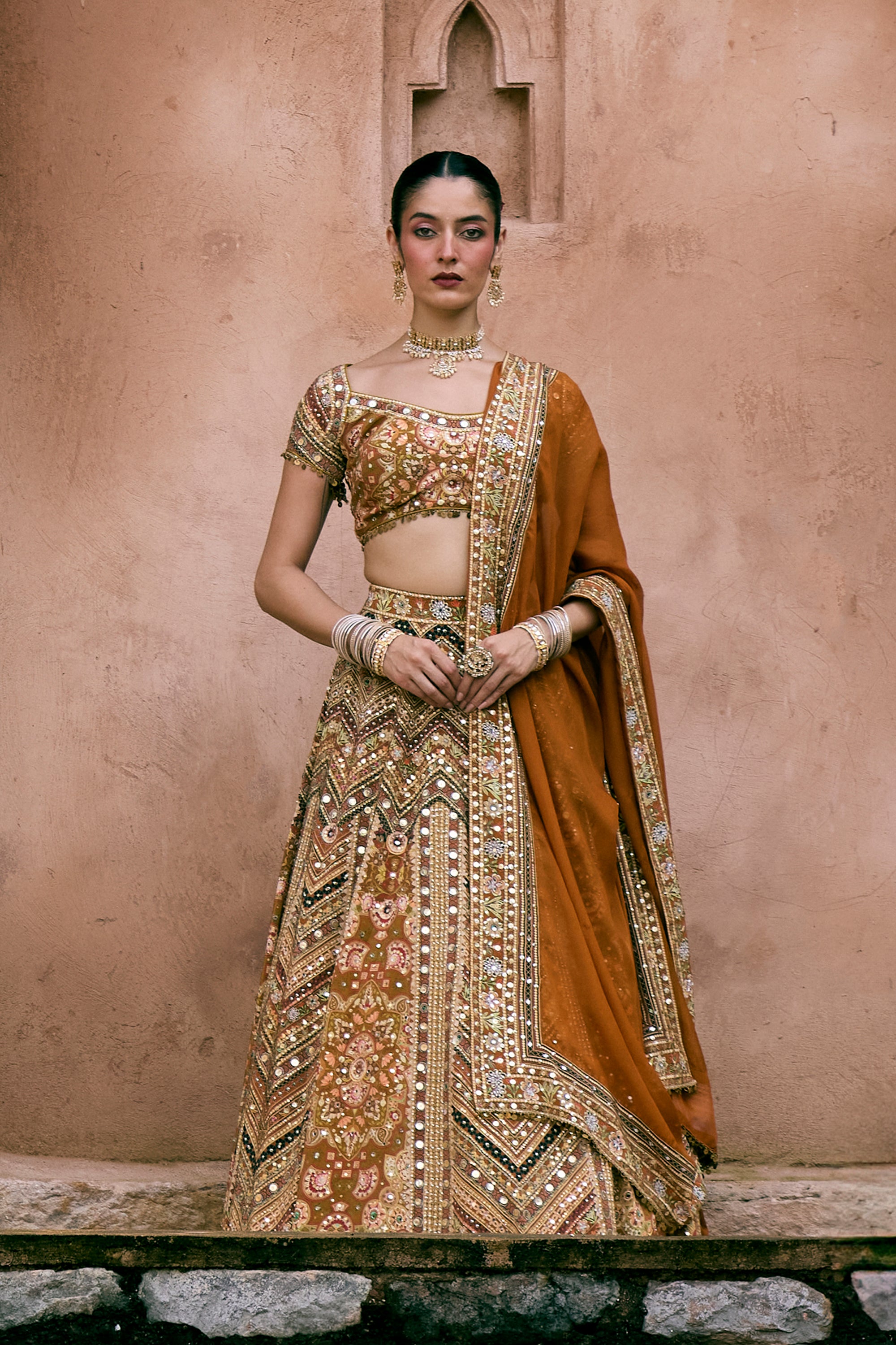 Mustard Crepe Silk Digital Printed Lehenga Set