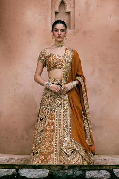 Mustard Crepe Silk Digital Printed Lehenga Set